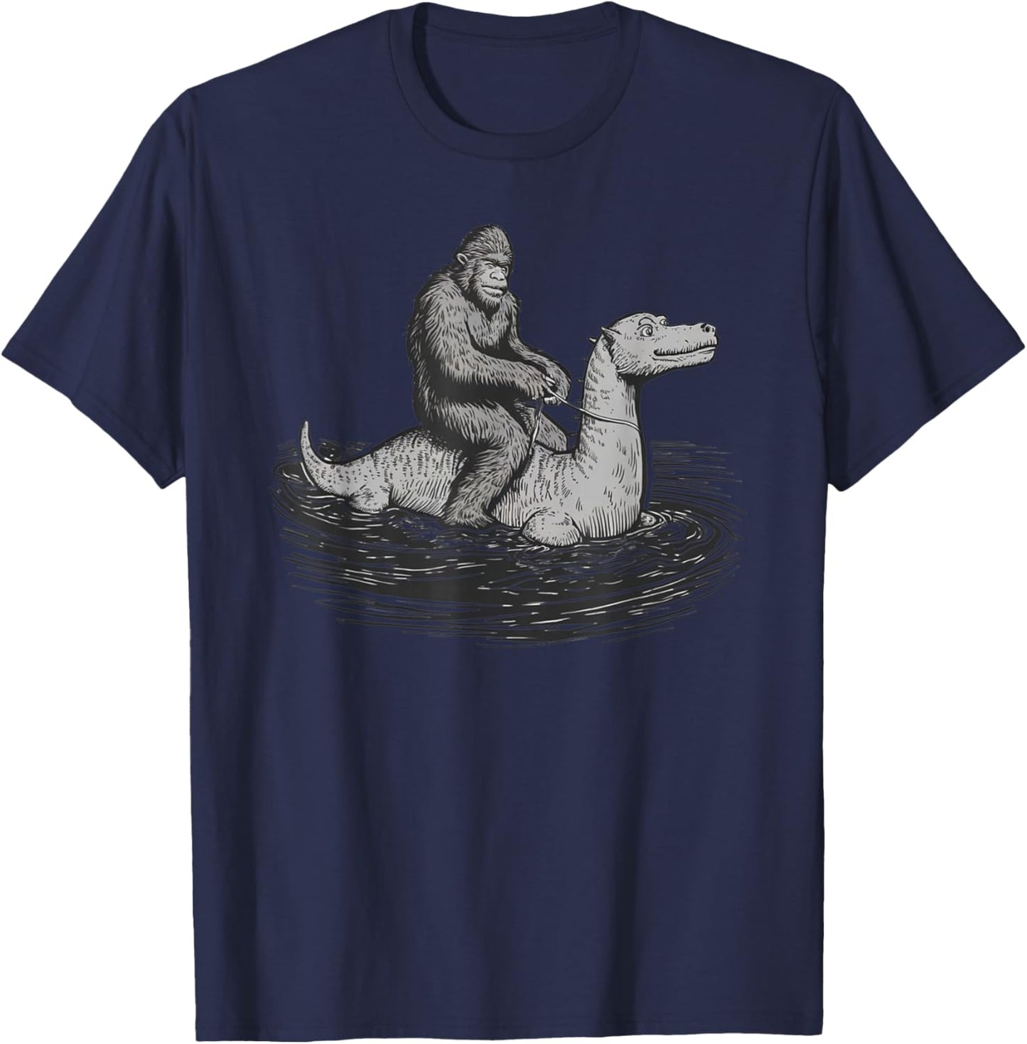 Bigfoot Sasquatch Riding The Loch Ness Monster Funny BigFoot T-Shirt - T-Shirt | Navy