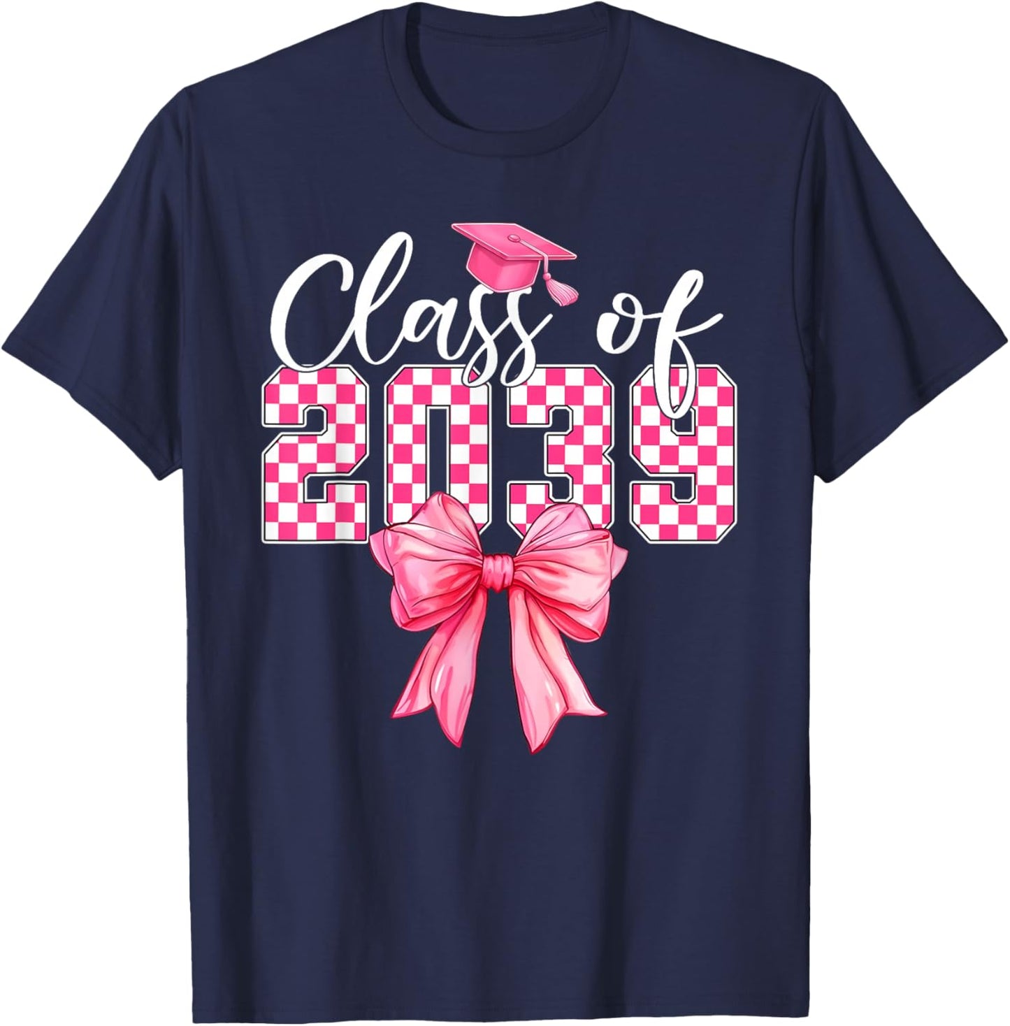 Class of 2039 Pink Checkered Graduation Coquette Bow Girl T-Shirt - T-Shirt | Navy