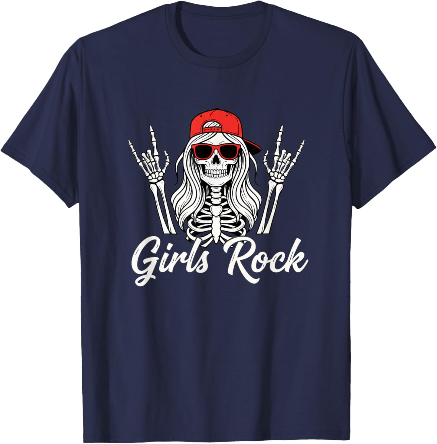 Girls Rock Skeleton Skull Punk Halloween Girls Rocker T-Shirt - T-Shirt | Navy