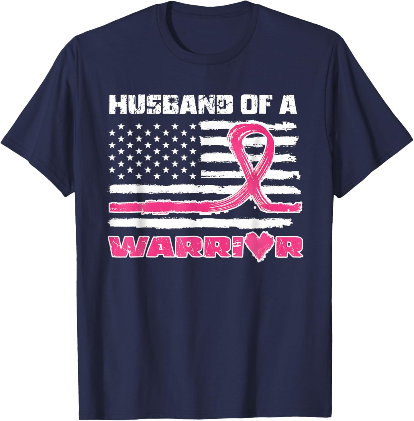 Pink Ribbon American Flag Husband Of A Warrior Breast Cancer T-Shirt - T-Shirt | Navy