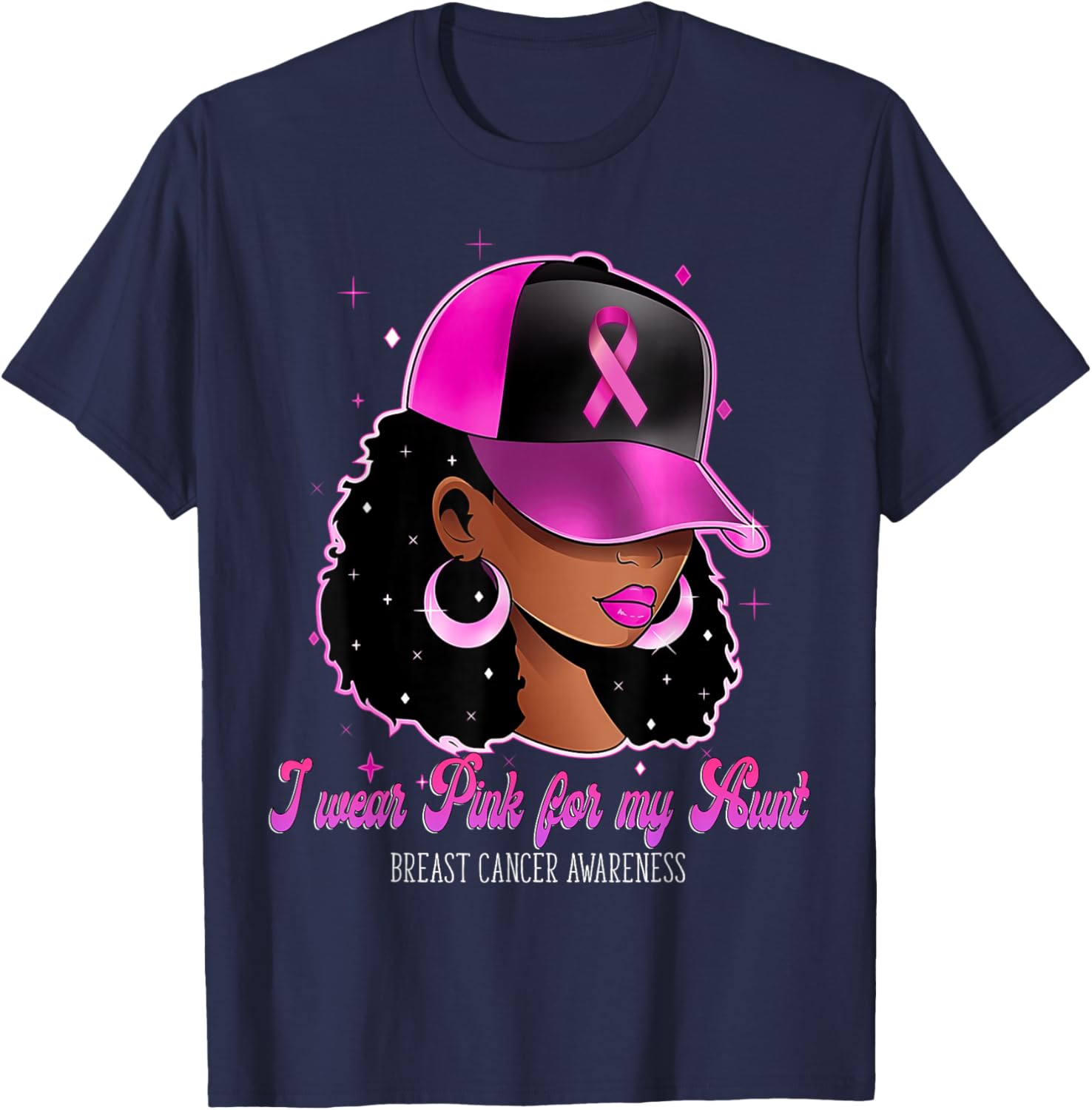 I Wear Pink For My Aunt Breast Cancer Awareness Afro Girl T-Shirt - T-Shirt | Navy