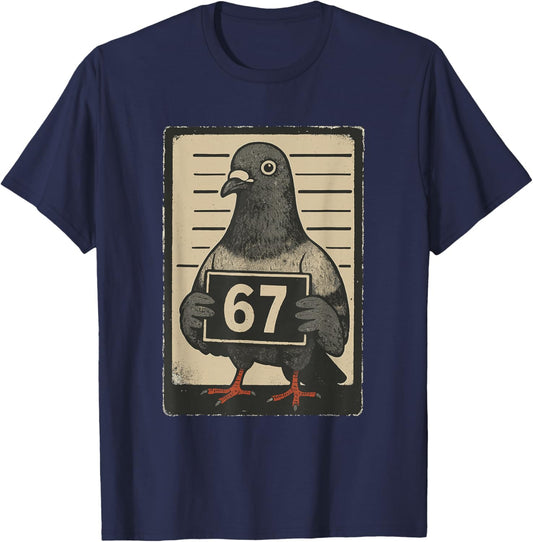 Funny Six Seven Meme 67 Pigeon Mugshot Viral Internet Trend T-Shirt - T-Shirt | Navy