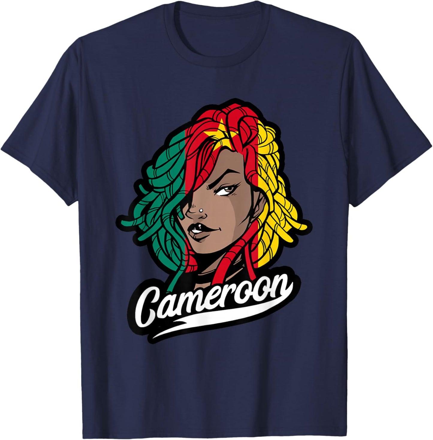 Cameroon Girl Dreadlocks Cameroonian Flag Cameroonian Roots T-Shirt - T-Shirt | Navy
