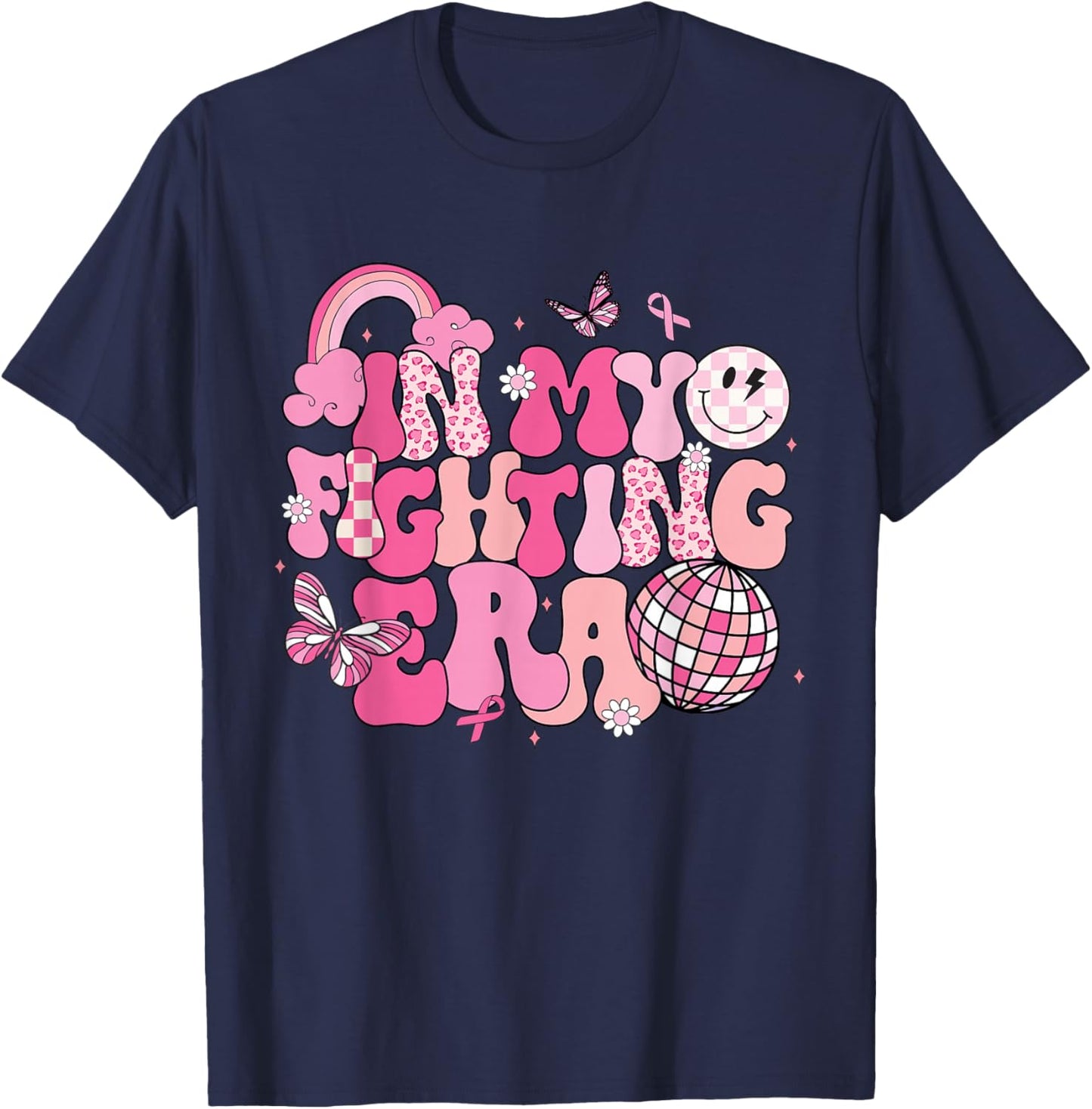 Retro Groovy In My Fighting Era Breast Cancer Awareness T-Shirt - T-Shirt | Navy