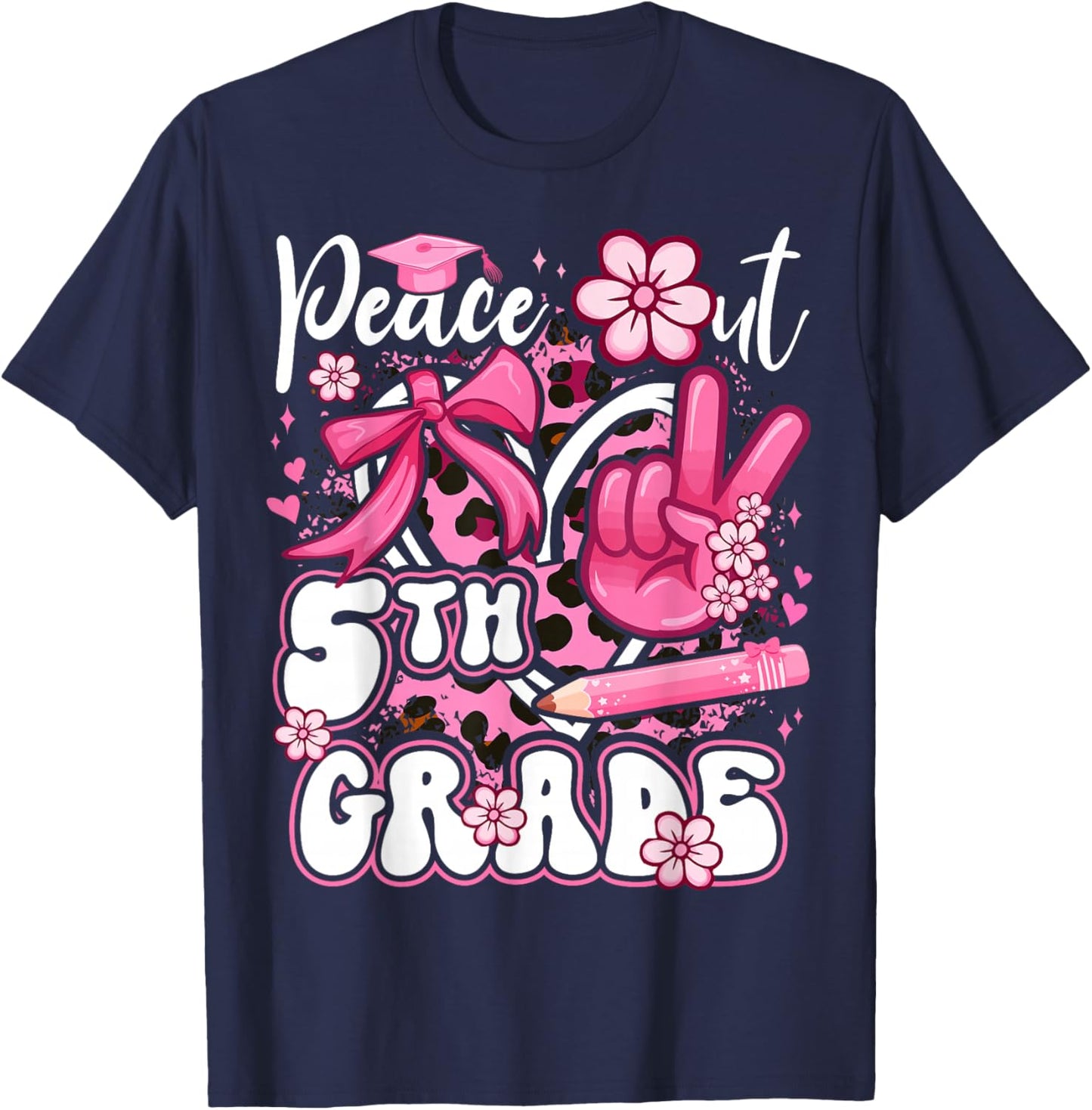 Peace Out 5th Grade Pink Coquette Bow Leopard Graduation T-Shirt - T-Shirt | Navy