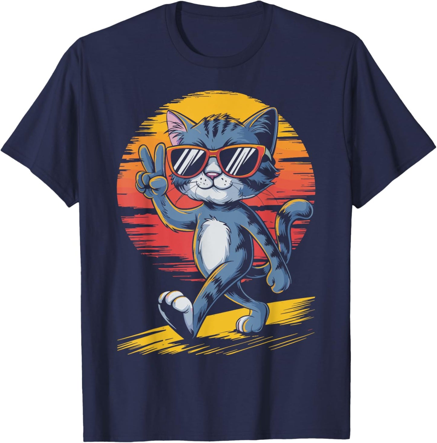 Retro Sunset Cool Cat With Sunglasses Peace Sign T-Shirt - T-Shirt | Navy