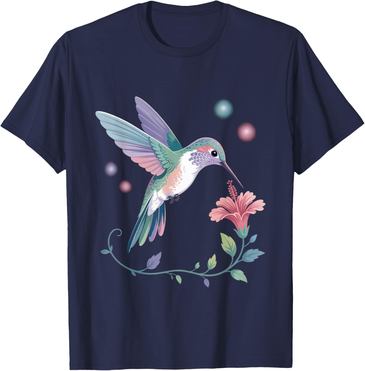 Colorful Cute Hummingbird Flower Nature Art Bird Lovers T-Shirt - T-Shirt | Navy