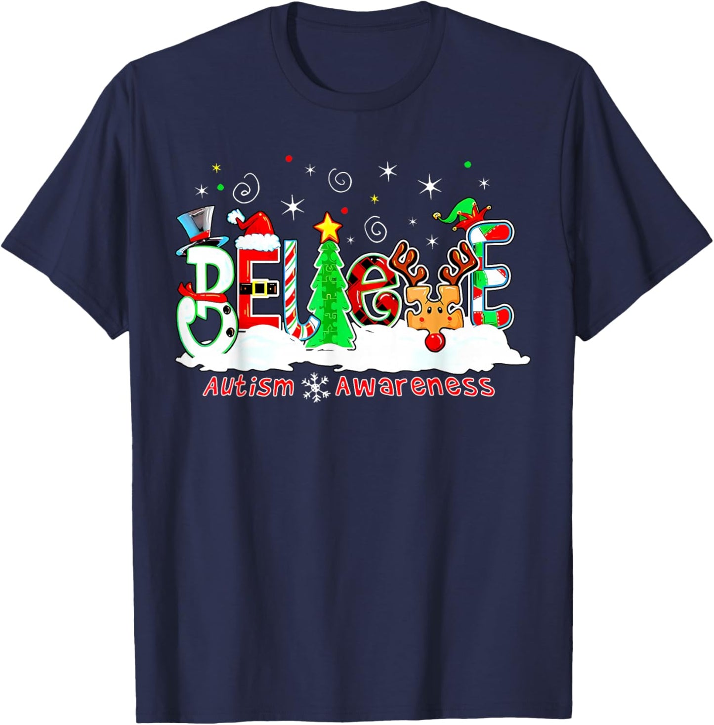 Believe Autism Awareness Christmas Tree Light Santa Reindeer T-Shirt - T-Shirt | Navy