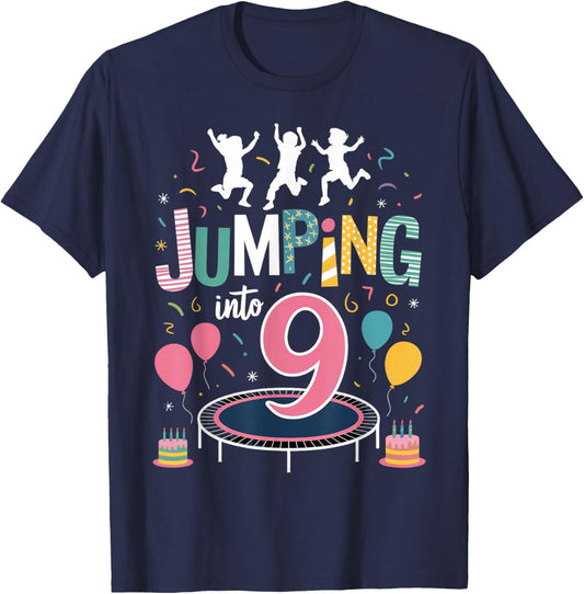 Jumping Into 9 Birthday Party Trampolining Trampoline T-Shirt - T-Shirt | Navy