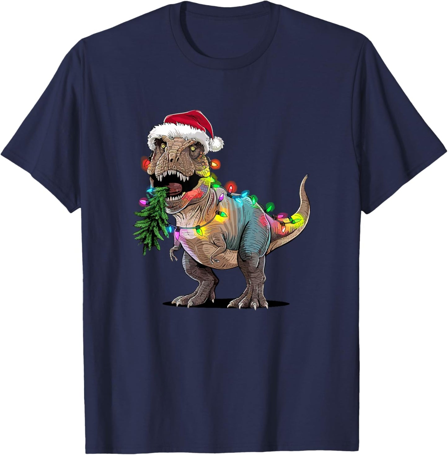 Christmas Tree Lights Santa Hat T-Rex Dinosaur T-Shirt - T-Shirt | Navy
