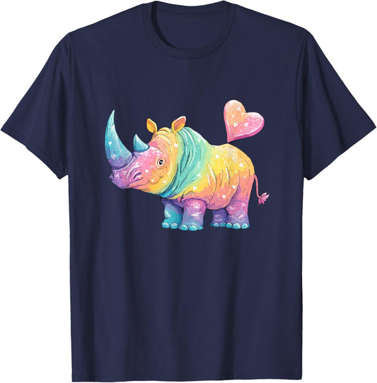 Cute Pastel Rainbow Rhino with Heart Love T-Shirt - T-Shirt | Navy