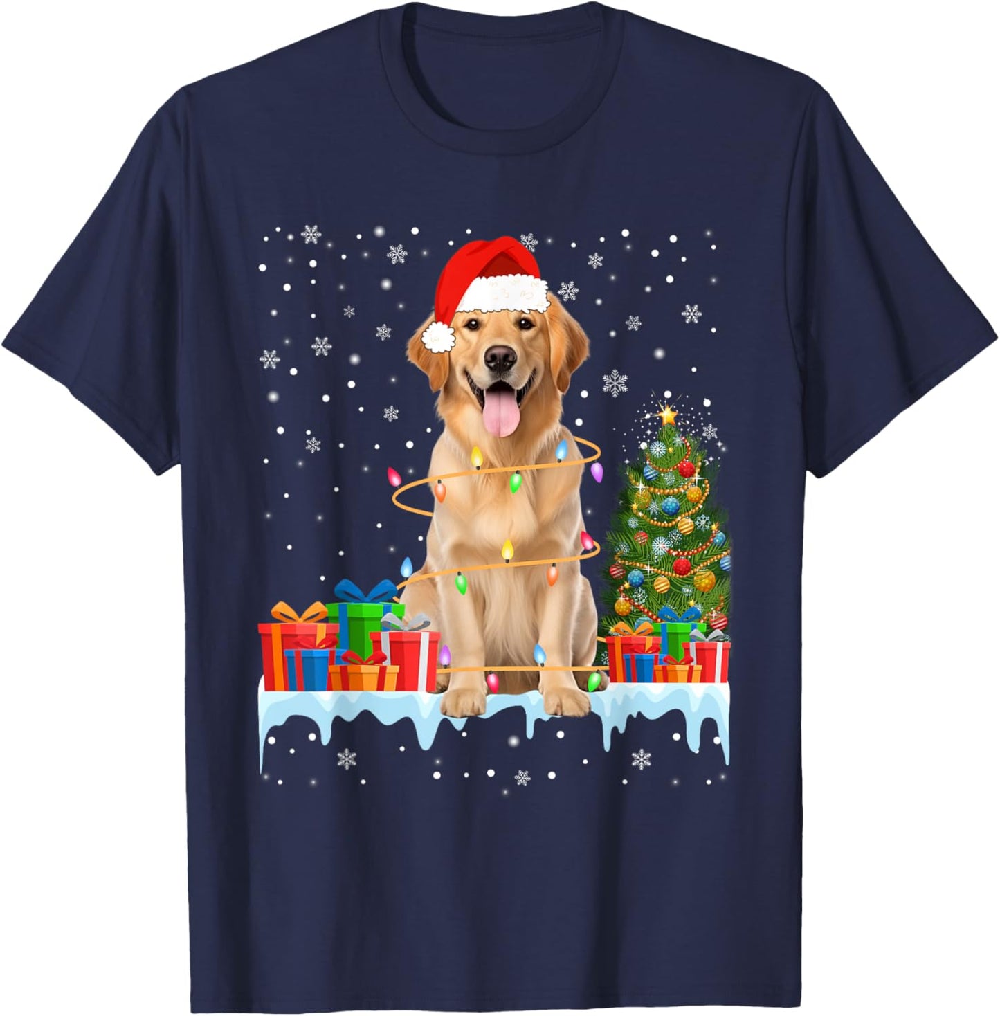 Santa Golden Retriever Dog Christmas Lights Xmas Pajamas Men Women Kids T-Shirt - T-Shirt | Navy