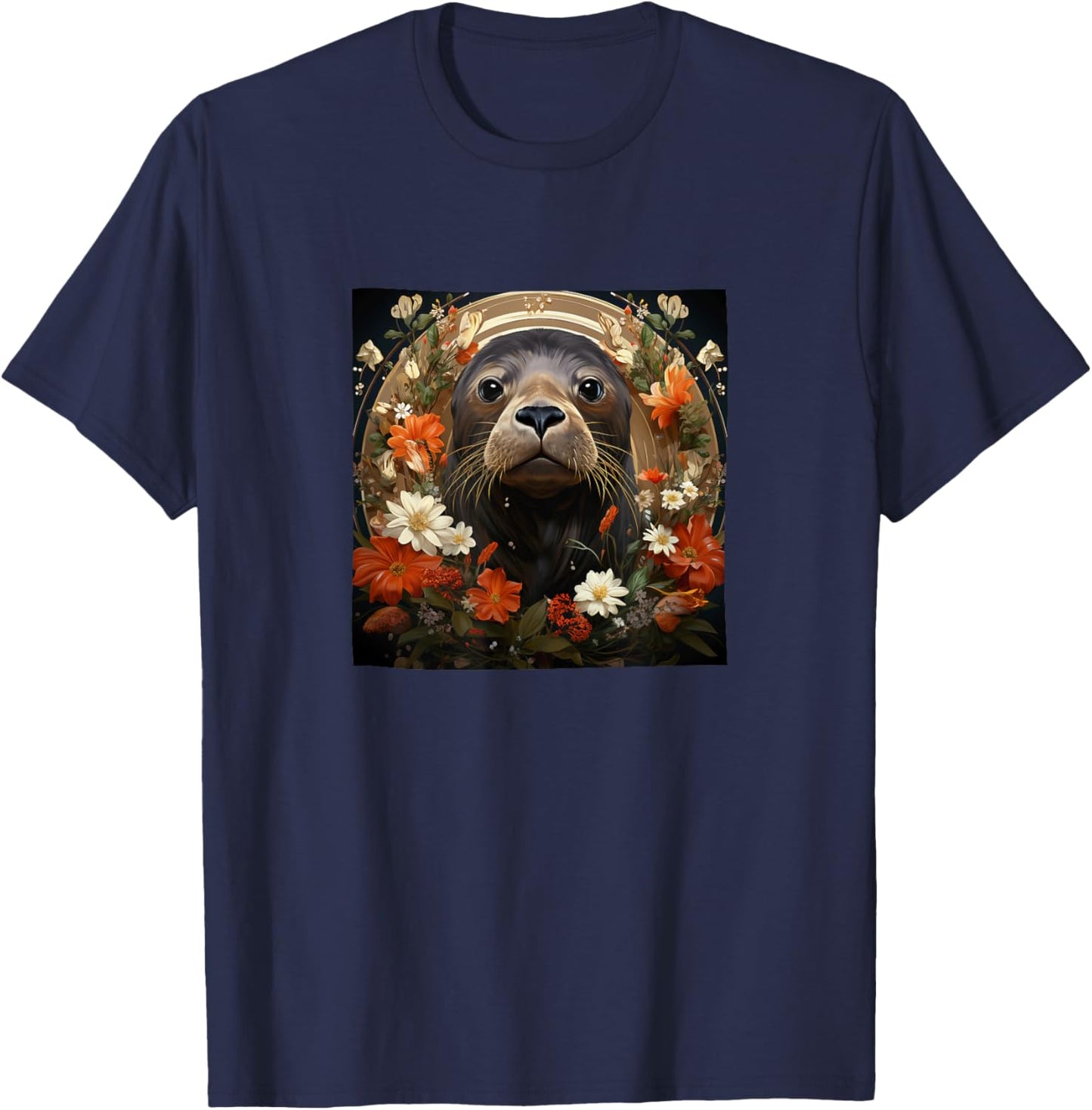 Seal With Flowers Around Boho Style Graphic T-Shirt - T-Shirt | Navy