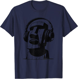 Easter Island Moai with Headphones T-Shirt - T-Shirt | Navy