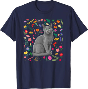 Russian Blue Cat Owner Flowers Russian Blue Cat Lover T-Shirt - T-Shirt | Navy