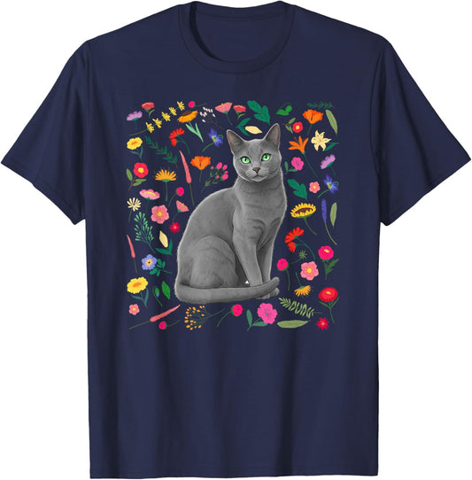 Russian Blue Cat Owner Flowers Russian Blue Cat Lover T-Shirt - T-Shirt | Navy