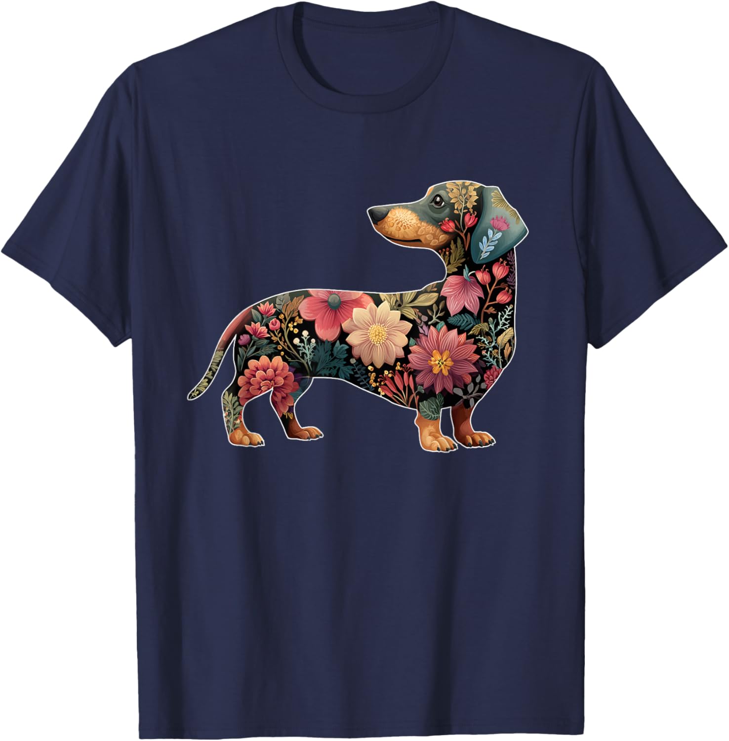 Cute Dachshund Floral Flower T-Shirt - T-Shirt | Navy
