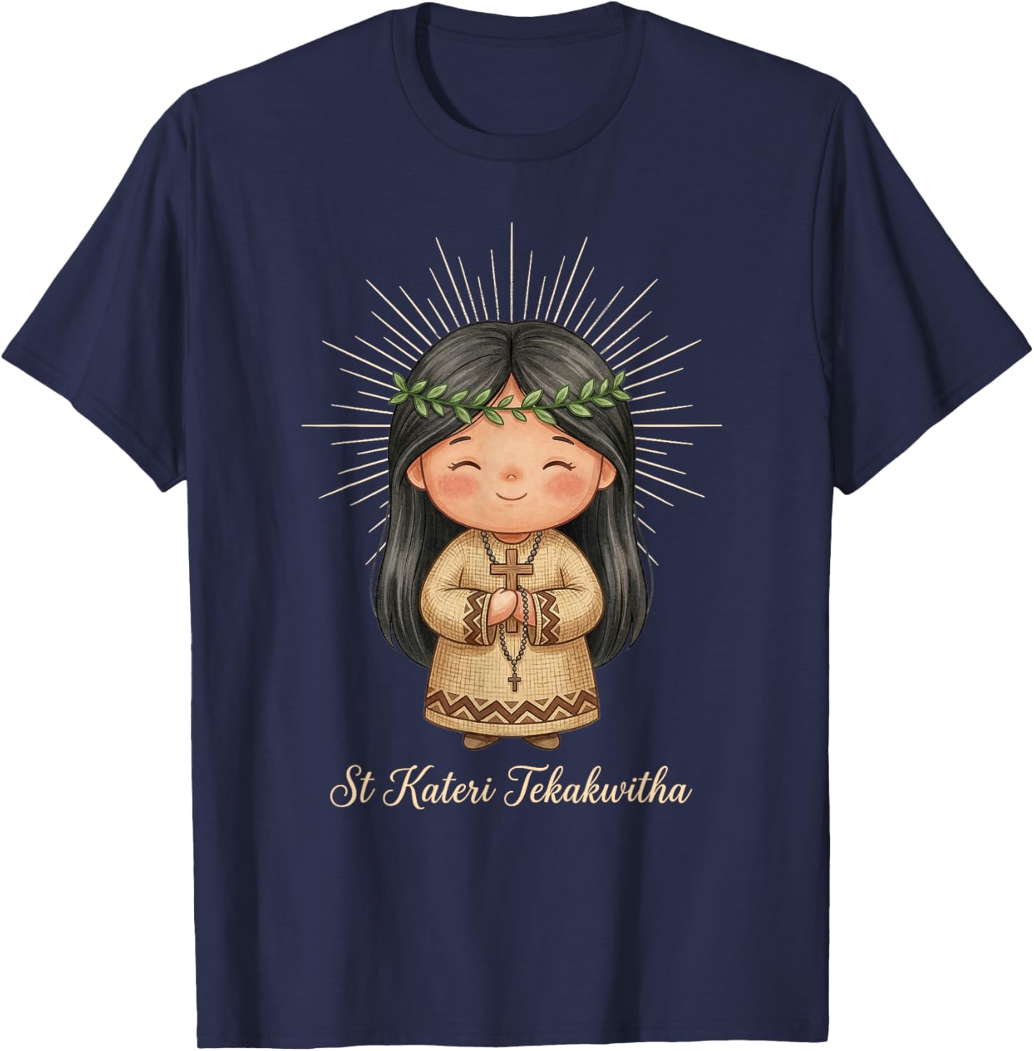 St Kateri Tekakwitha Prayer with Rosary for Kids T-Shirt - T-Shirt | Navy