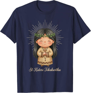 St Kateri Tekakwitha Prayer with Rosary for Kids T-Shirt - T-Shirt | Navy