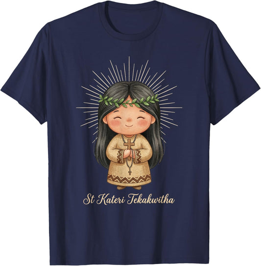 St Kateri Tekakwitha Prayer with Rosary for Kids T-Shirt - T-Shirt | Navy