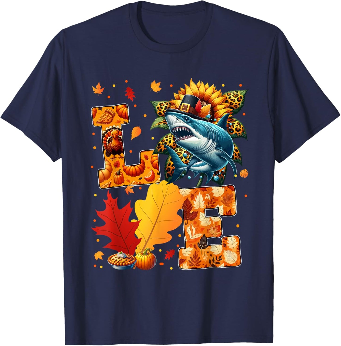 LOVE Thanksgiving Shark Fall Leaves Sunflower Sea Animals T-Shirt - T-Shirt | Navy
