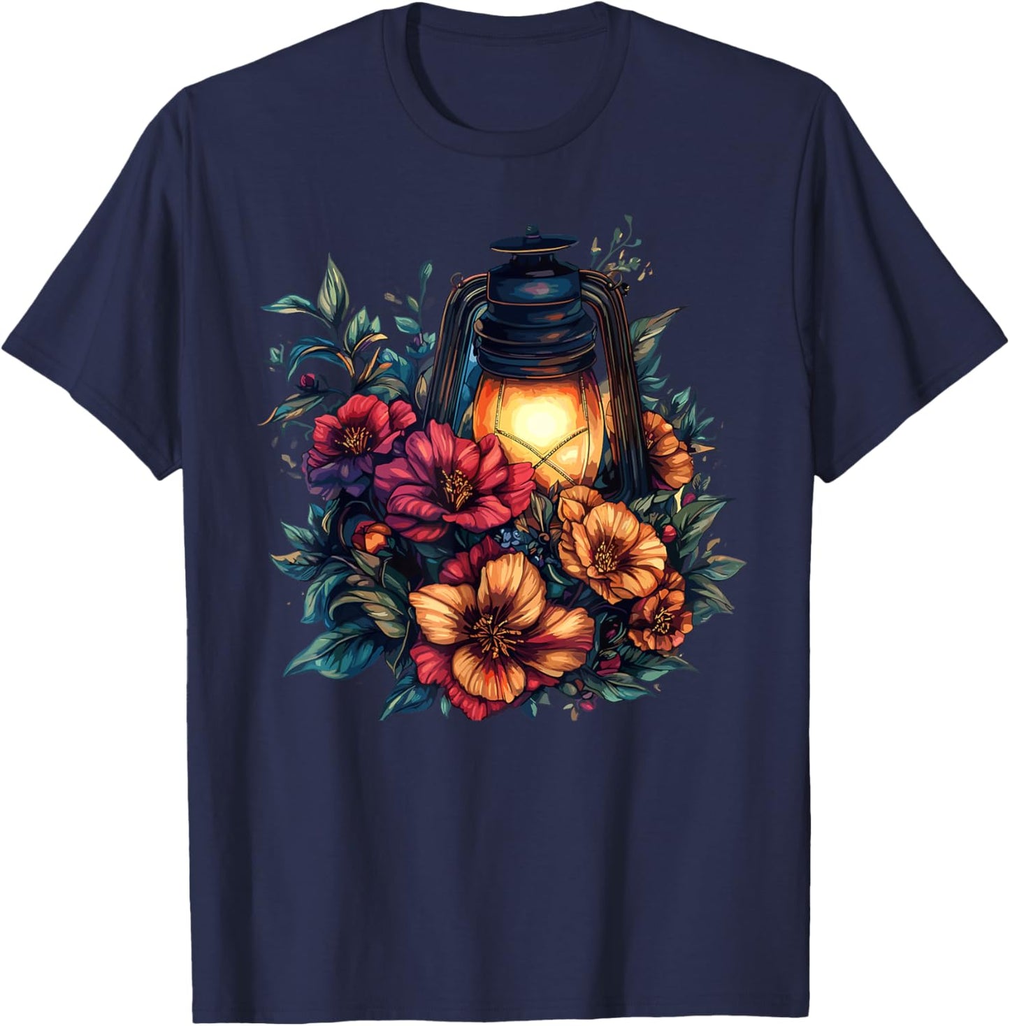 Rustic Lantern Surrounded by Colorful Flowers T-Shirt - T-Shirt | Navy