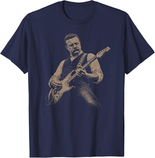 Teddy Roosevelt Playing Guitar Patriotic American Rock Music T-Shirt - T-Shirt | Navy