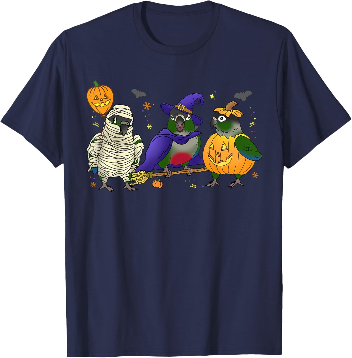 Halloween parrot Green Cheek Conure Pumpkin Mummy Witch Birb T-Shirt - T-Shirt | Navy
