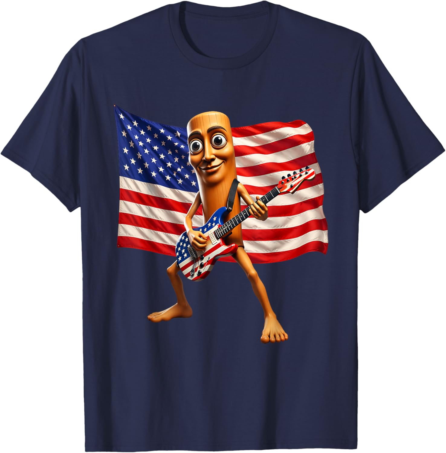 Brainrot 4th July US Flag America Tung Sahur Electric Guitar T-Shirt - T-Shirt | Navy