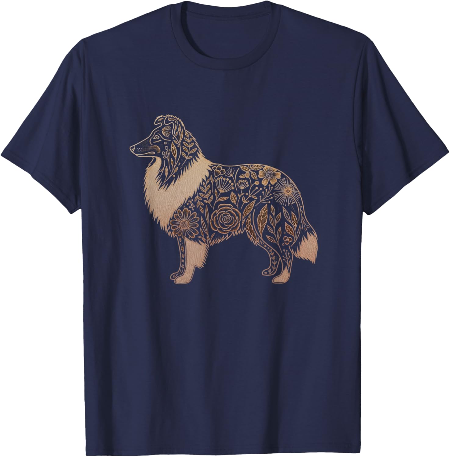Floral Shetland Sheepdog Drawing Art Sheltie Design T-Shirt - T-Shirt | Navy