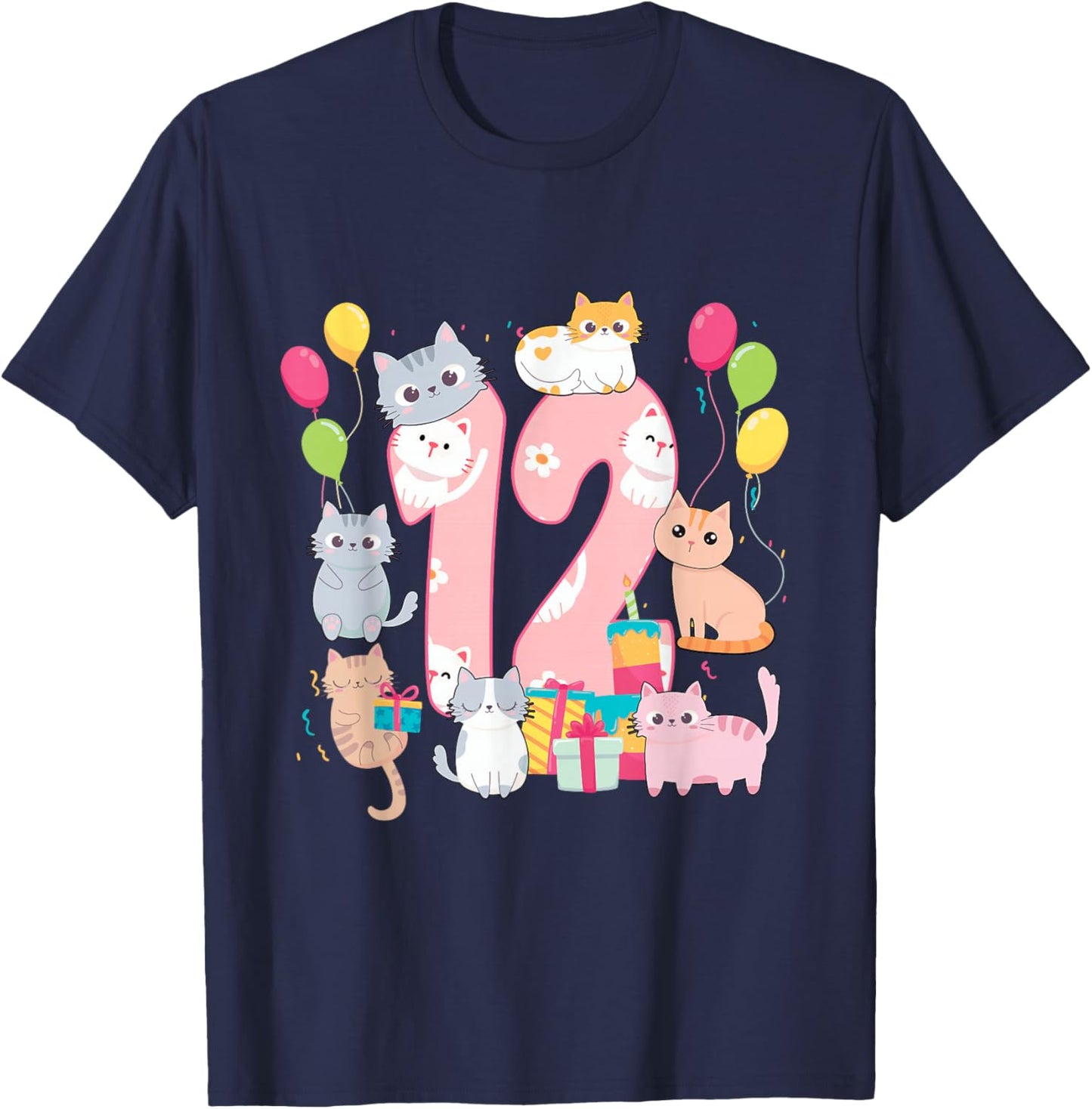 12 Years Old Cat Lover Birthday Party 12th Birthday Cat Them T-Shirt - T-Shirt | Navy