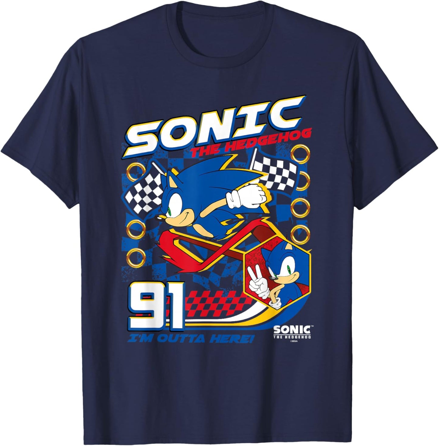 Sonic The Hedgehog 91 I'm Outta Here! Racing Poster T-Shirt - T-Shirt | Navy