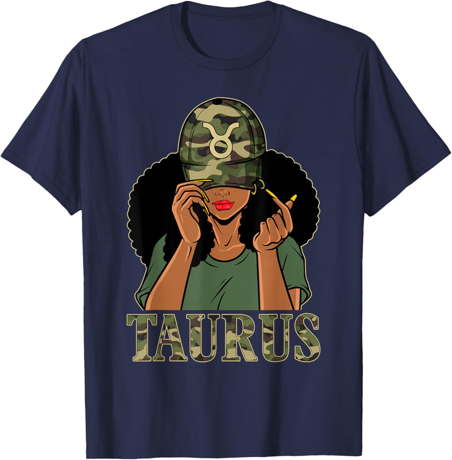 Taurus Girl Black Woman With Cap Camo Afro Woman Zodiac T-Shirt - T-Shirt | Navy