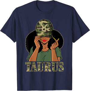 Taurus Girl Black Woman With Cap Camo Afro Woman Zodiac T-Shirt - T-Shirt | Navy