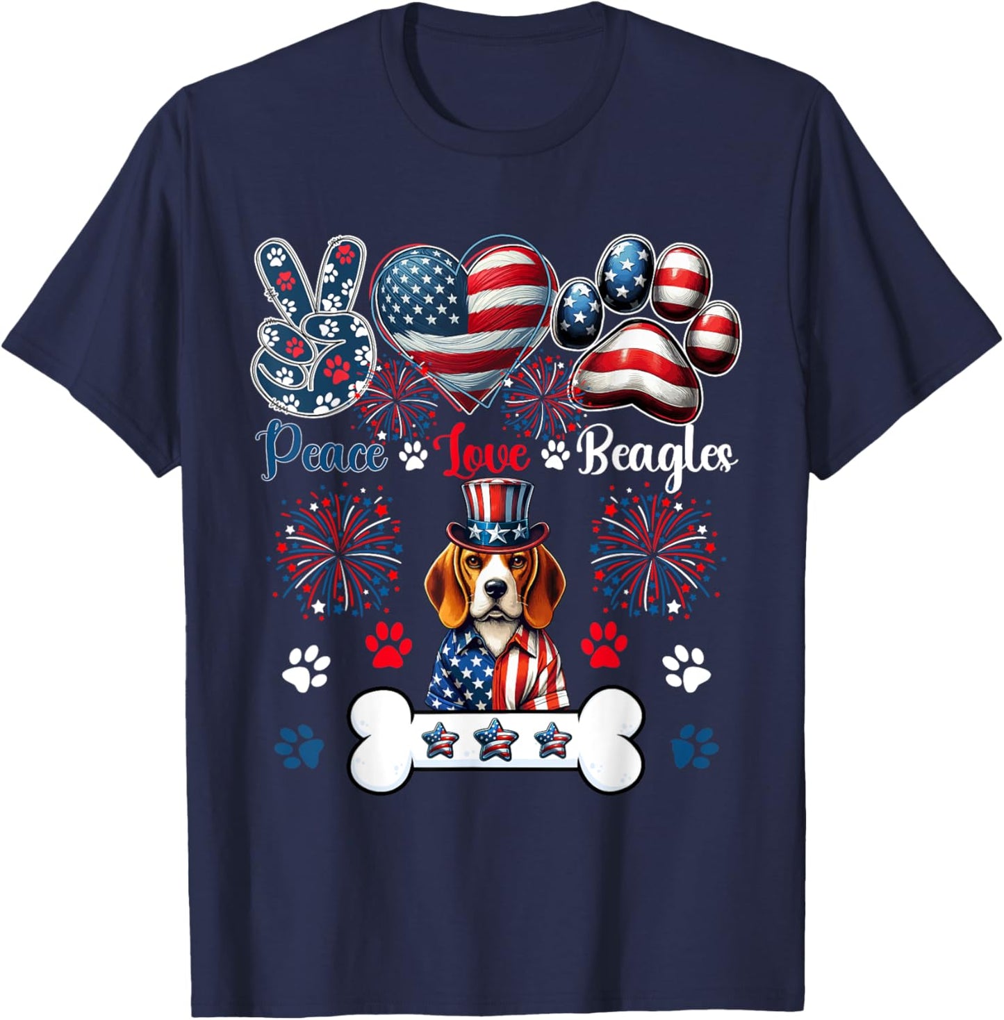 Peace Love Beagles 4th Of July Owner Lover Patriotic T-Shirt - T-Shirt | Navy