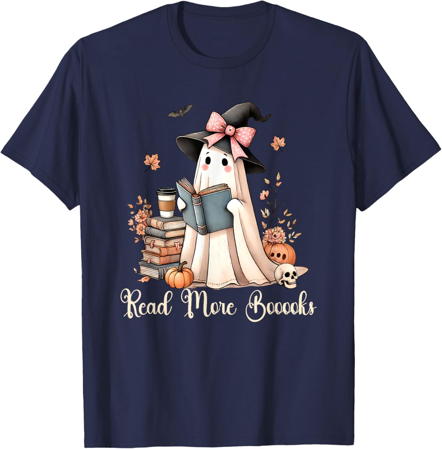 Ghost Reading Book Coquette Bow Halloween Girl Kid Teacher T-Shirt - T-Shirt | Navy