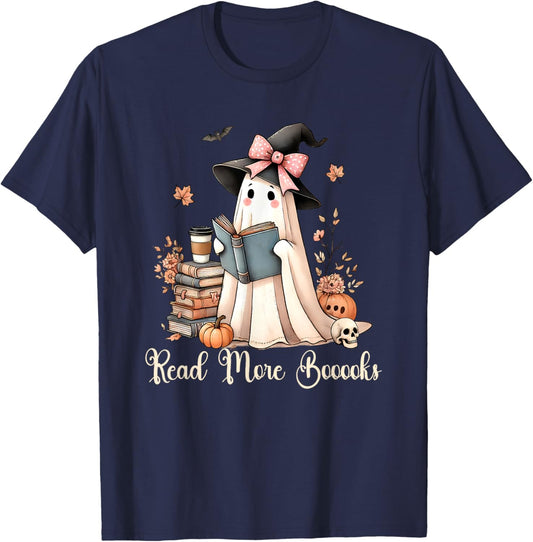 Ghost Reading Book Coquette Bow Halloween Girl Kid Teacher T-Shirt - T-Shirt | Navy