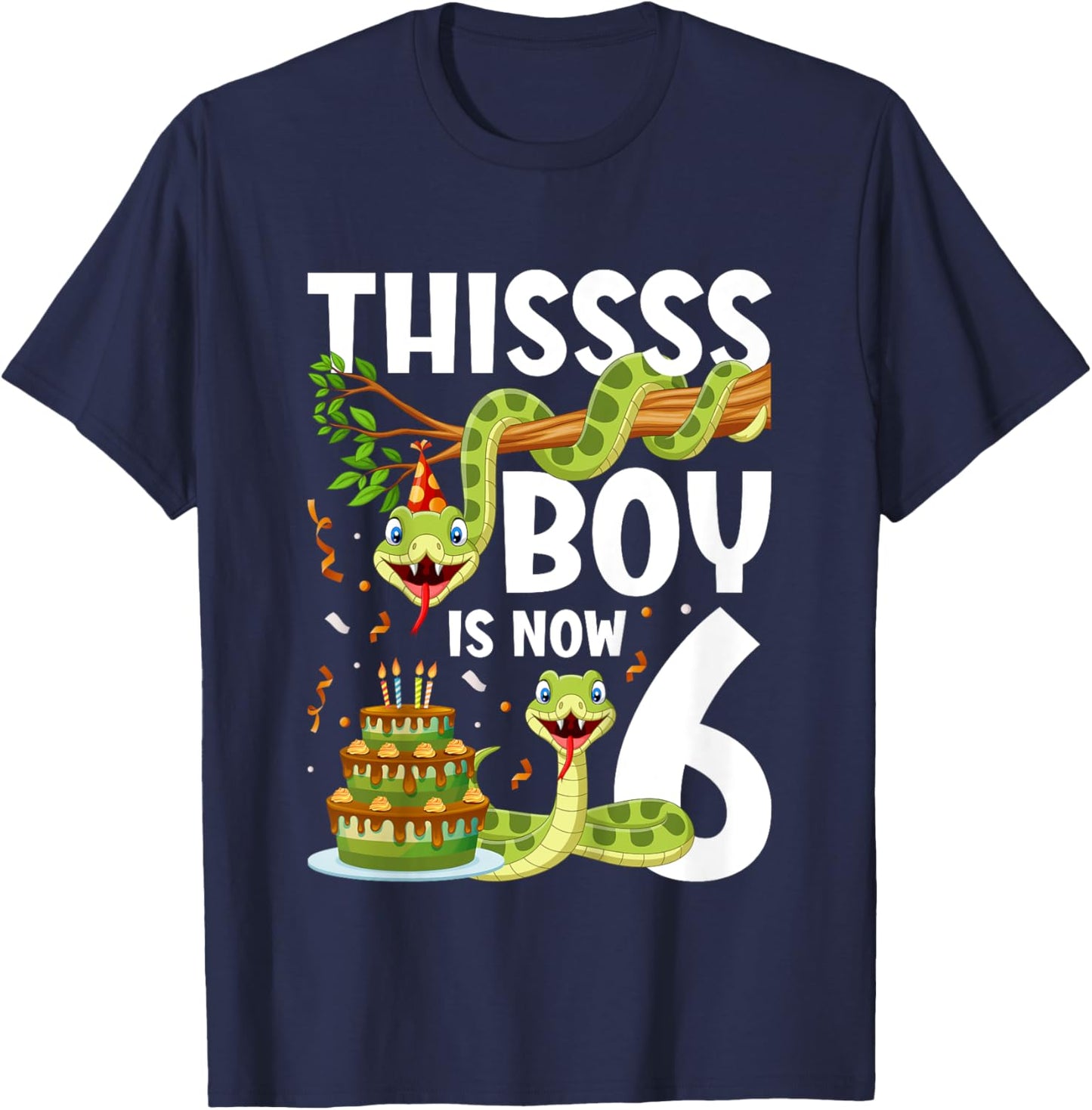 Kids 6th Reptile Birthday 6 Year Old Boy Snake Birthday Party T-Shirt - T-Shirt | Navy
