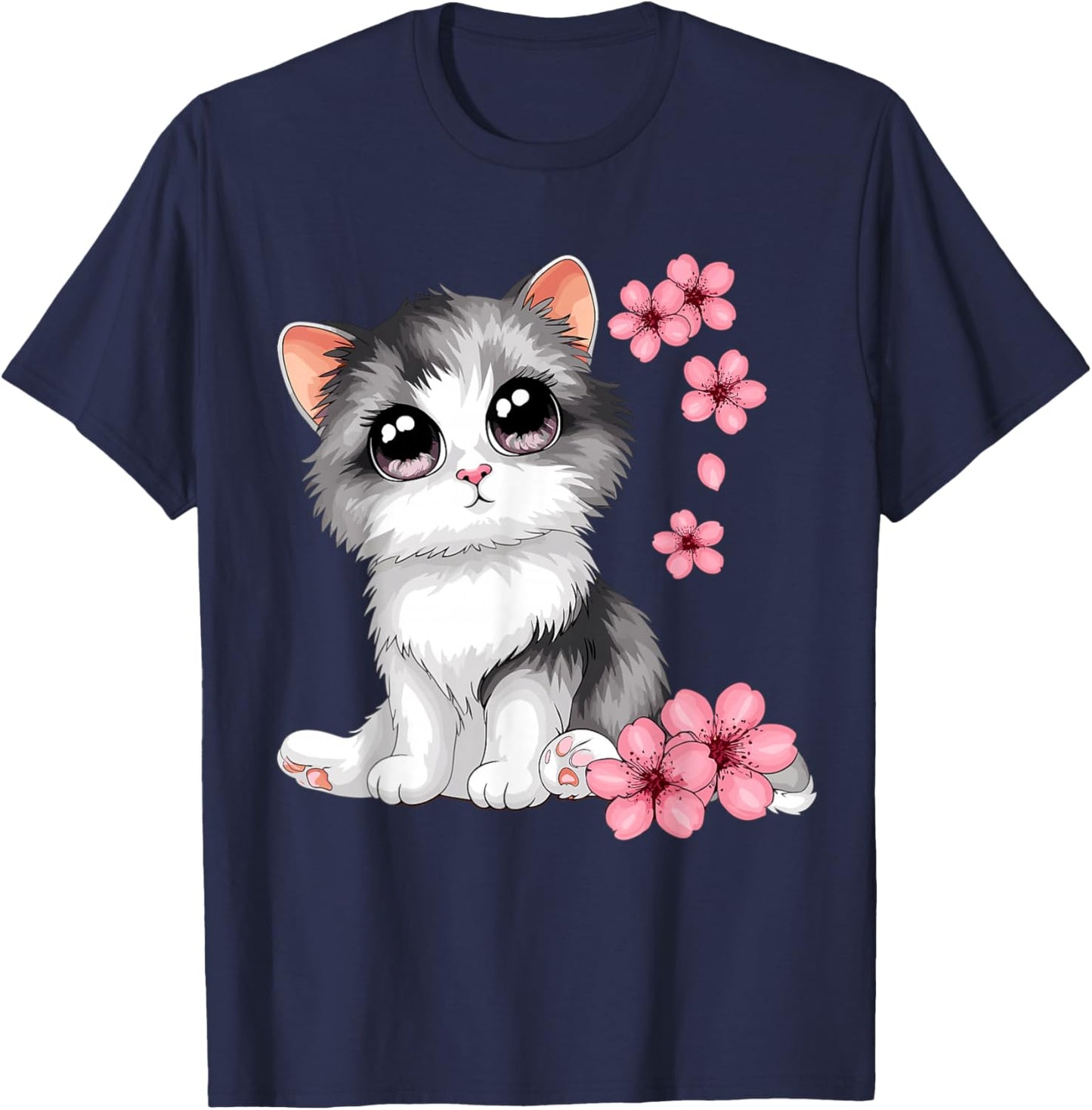 Cute Cat With Cherry Blossoms Cat T-Shirt - T-Shirt | Navy