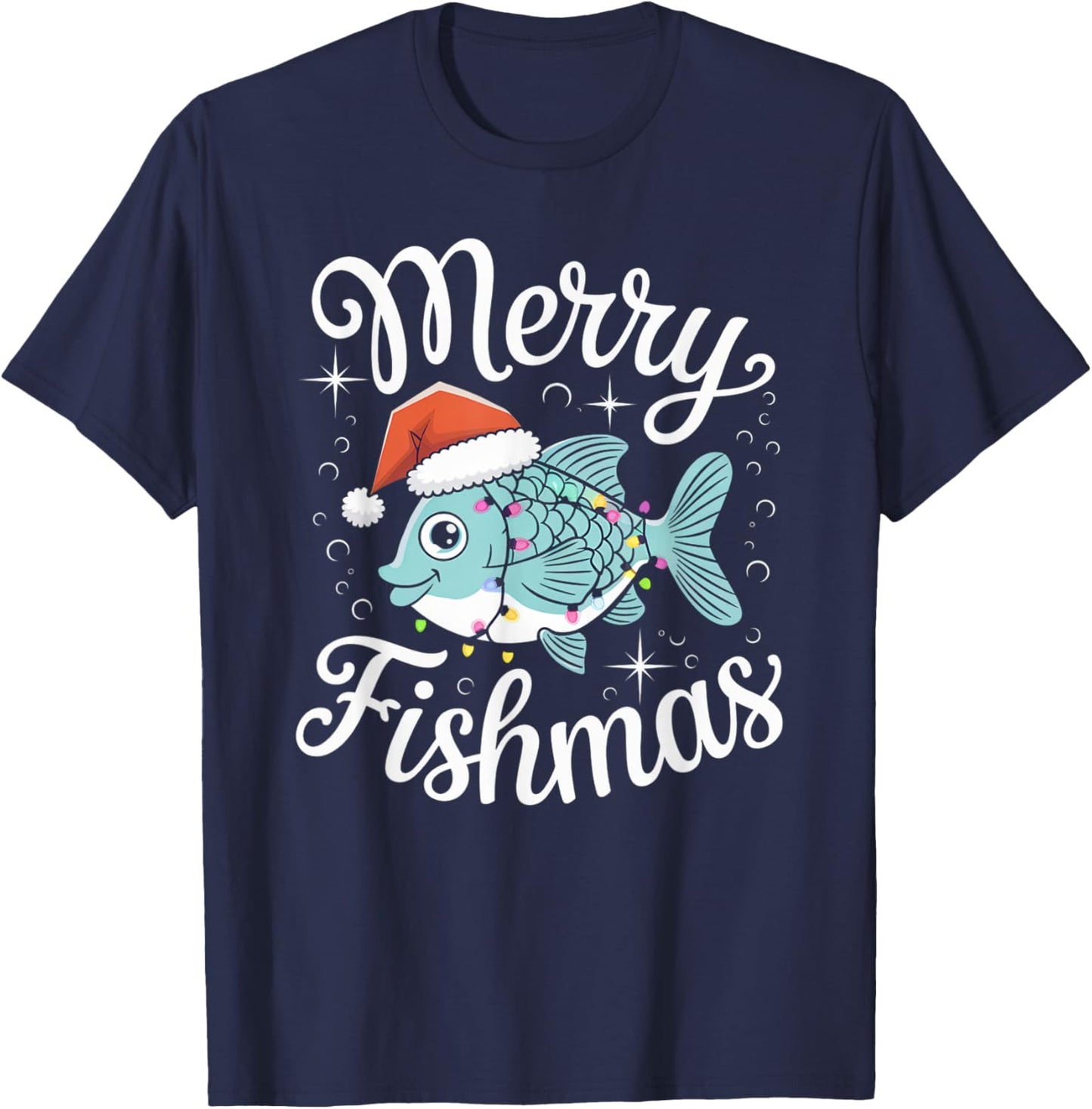 Merry Fishmas Cute Fish Christmas Decor with Santa Hat and T-Shirt - T-Shirt | Navy