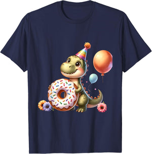 Cute Dinosaur with Donut Birthday Celebration T-Shirt - T-Shirt | Navy