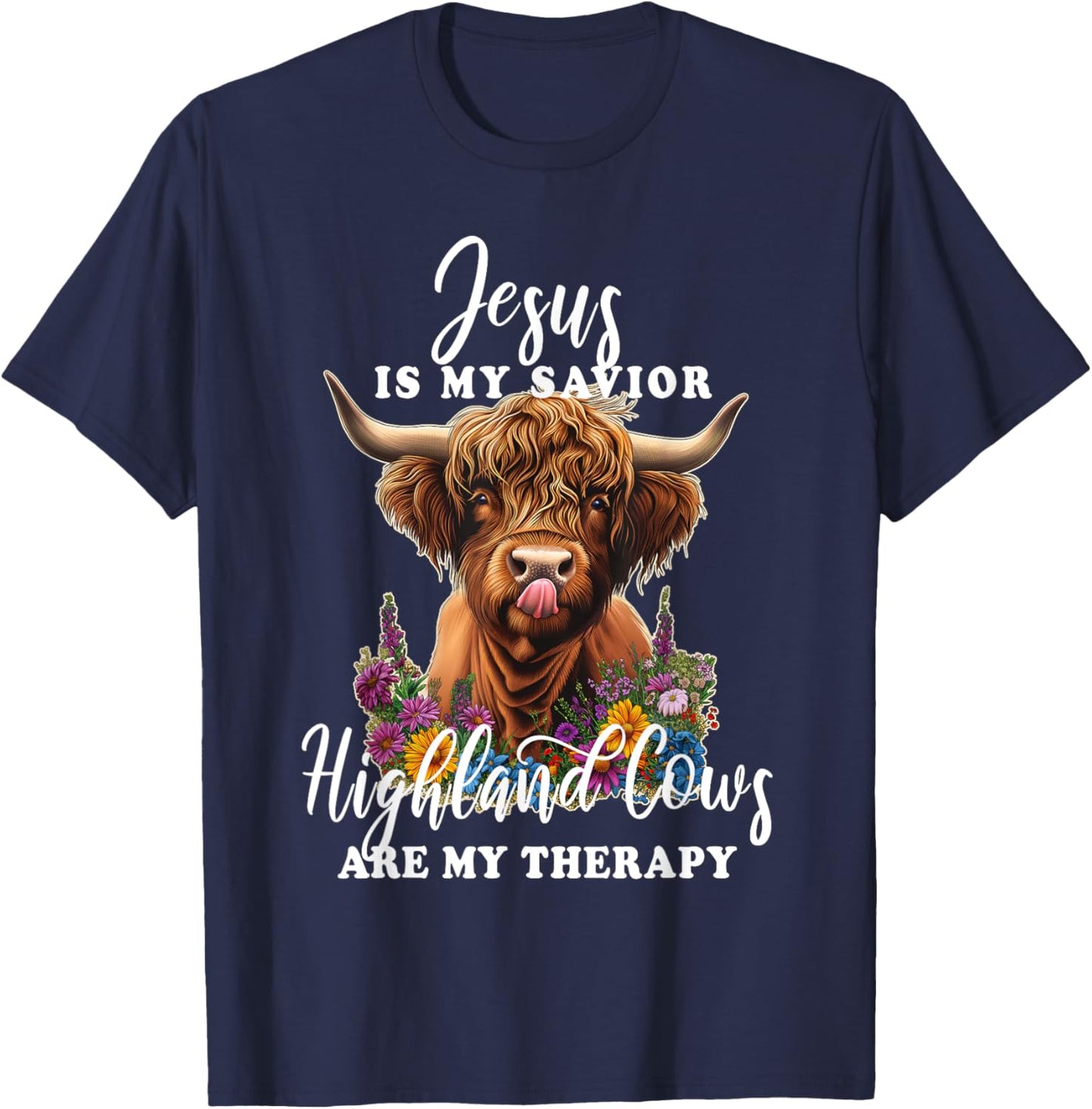 Highland Cow Jesus Christian Religious Highland Cow T-Shirt - T-Shirt | Navy