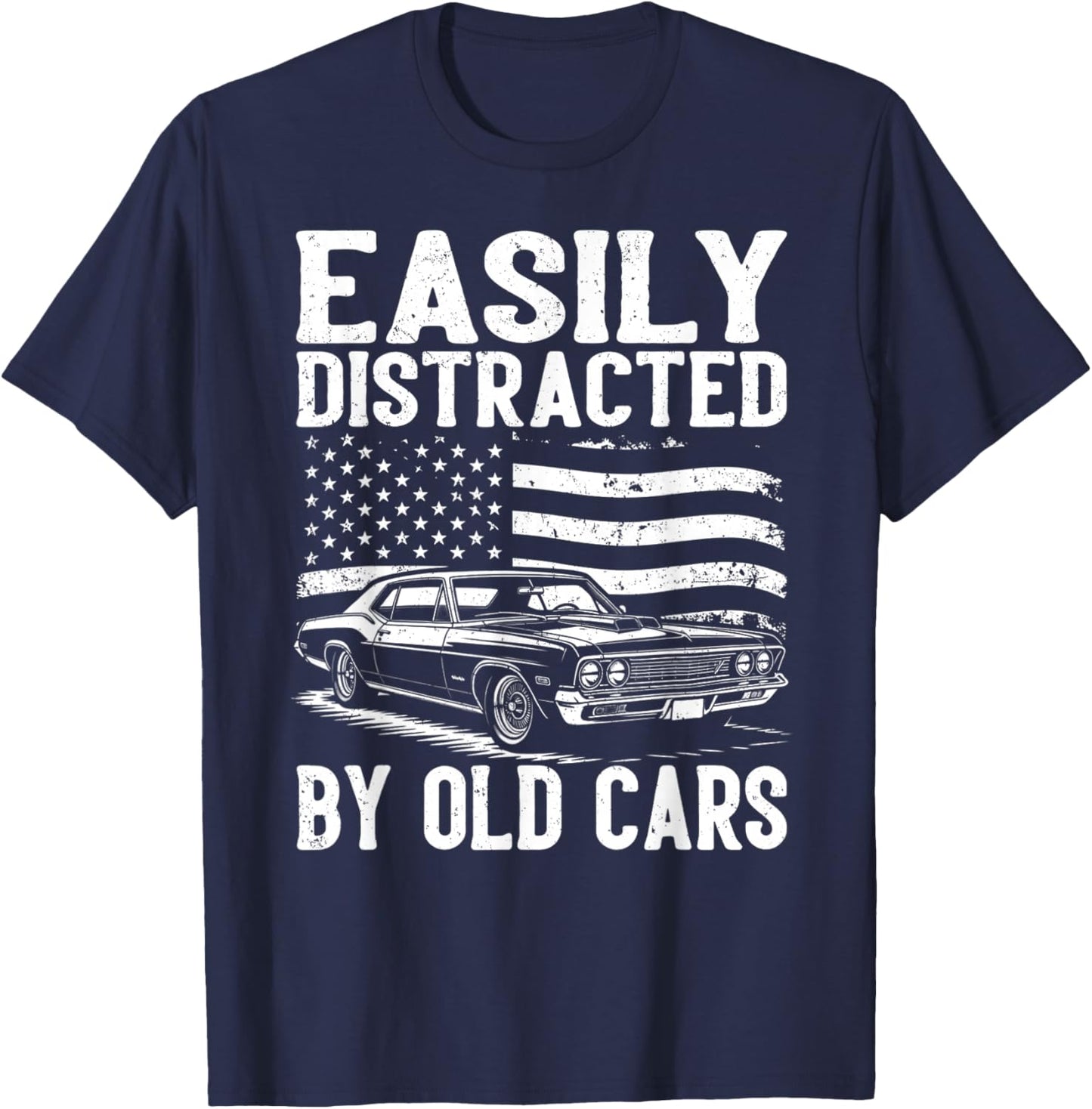 Easily Distracted by Old Cars Vintage T-Shirt - T-Shirt | Navy