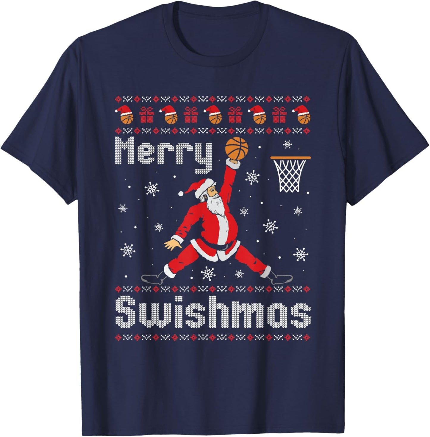 Merry Swishmas Basketball Dunk Rebound Santa Christmas Party T-Shirt - T-Shirt | Navy