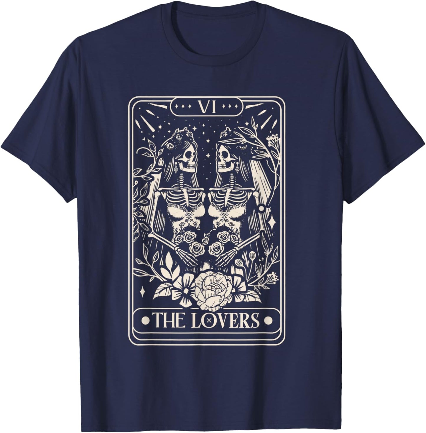 Tarot Card The Lovers Rainbow Kissing Lesbian Skeletons T-Shirt - T-Shirt | Navy