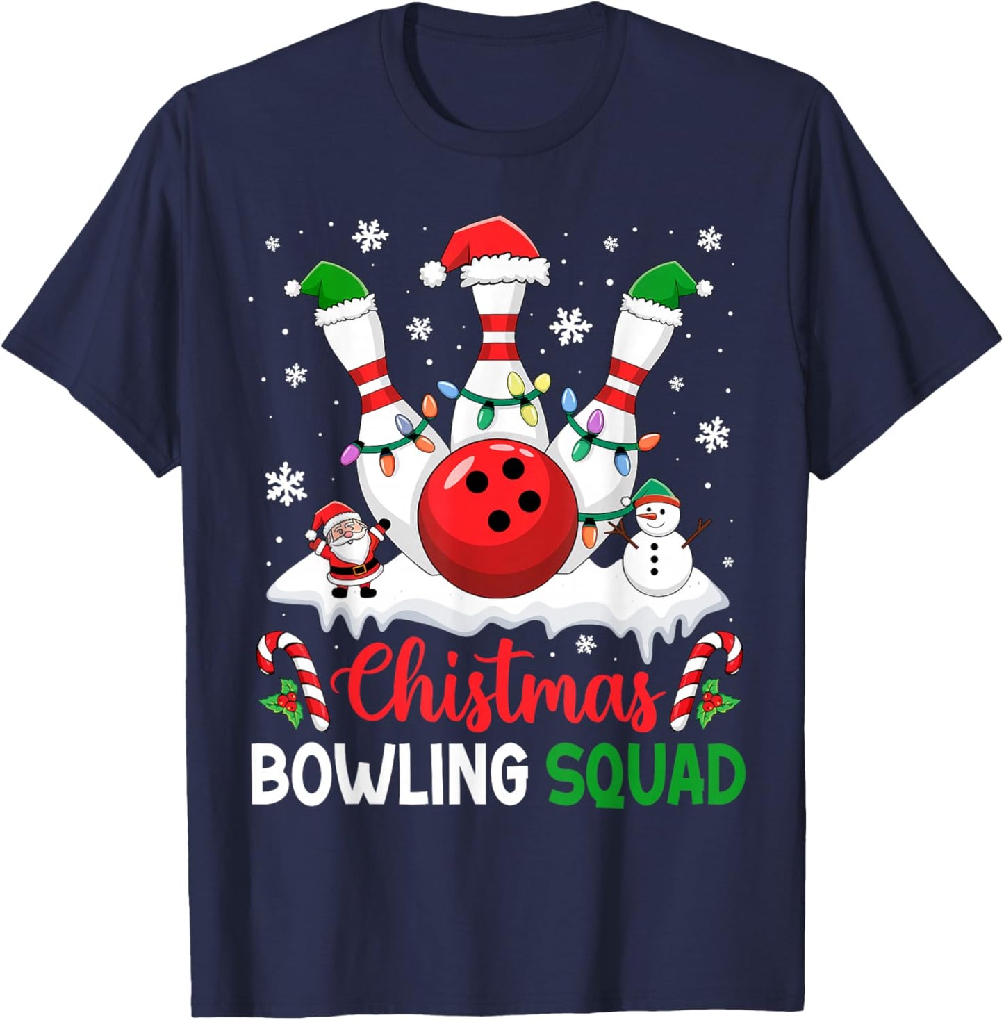 Christmas Bowling Squad Xmas Lights Santa Bowling Player T-Shirt - T-Shirt | Navy
