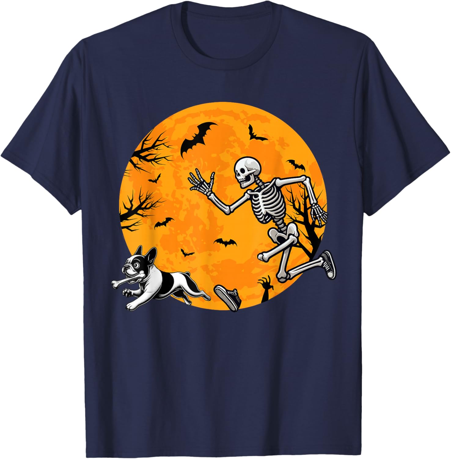 Halloween Dog Skeleton Chasing Dog Halloween French Bulldog T-Shirt - T-Shirt | Navy