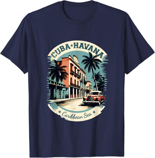 Kuba Havanna Retro Auto Oldtimer Vintage Karibik Palmen T-Shirt - T-Shirt | Navy
