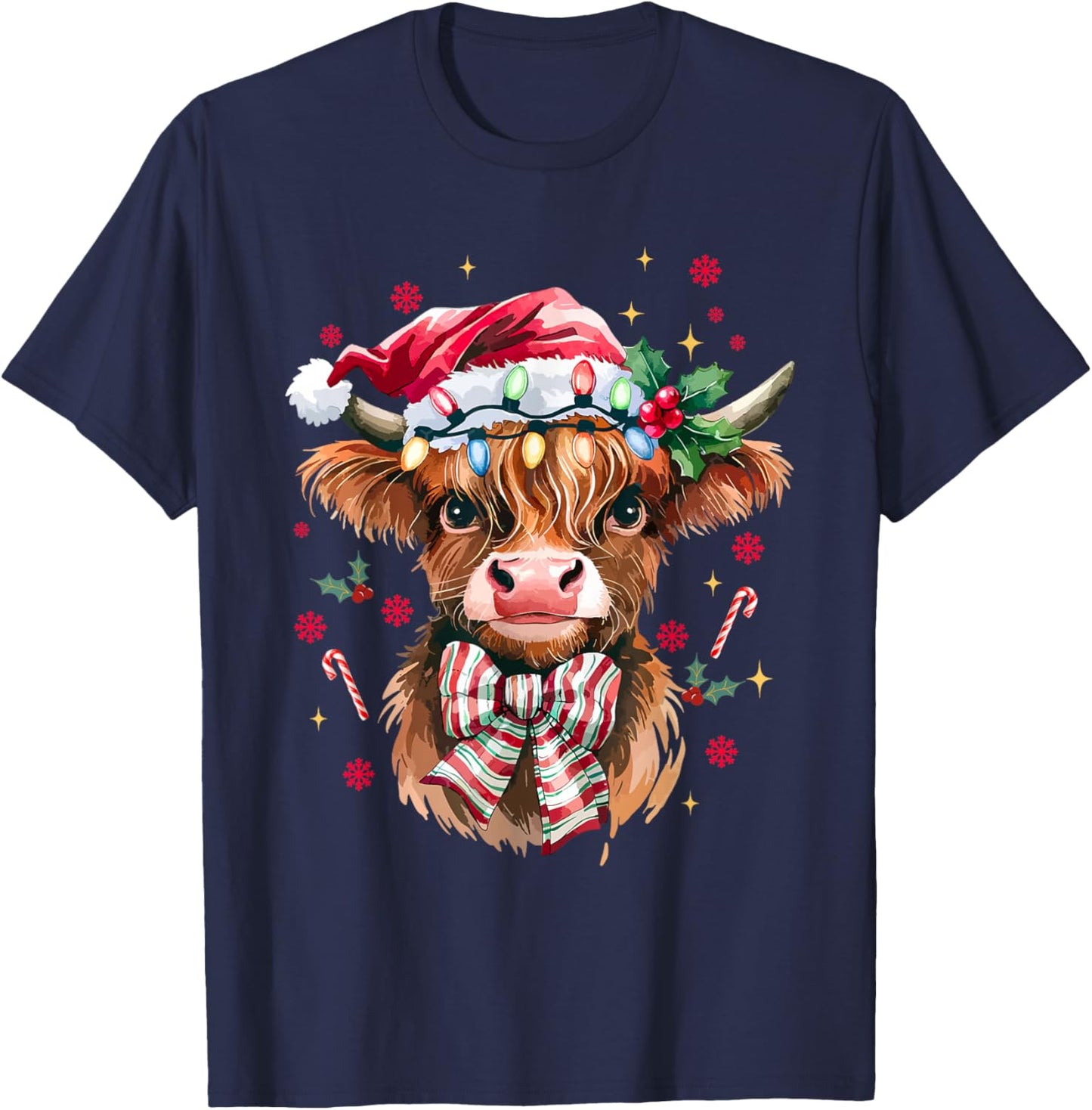 Coquette Christmas Western Highland Cow Santa Xmas Holiday T-Shirt - T-Shirt | Navy