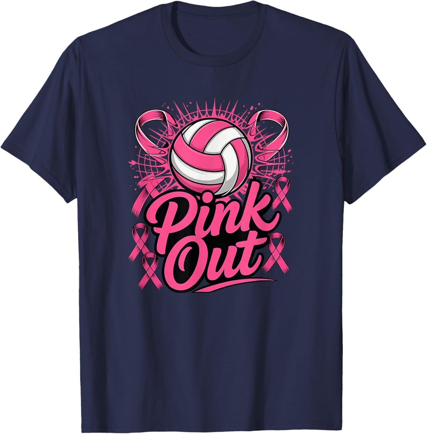 Volleyball Pink Out Breast Cancer Awareness Pink Ribbon T-Shirt - T-Shirt | Navy
